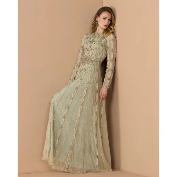 Mac Duggal NEW Embellished Mesh Long Sleeve A Line Gown Nude Sage $1,798 Size 10 - Picture 3 of 16